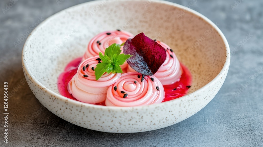 A delicate dessert featuring pink meringue swirls, garnished with berries and herbs, presented in a stylish bowl on a textured surface. A delicate dessert featuring pink meringue swirls, garnished with berries and herbs, presented in a stylish bowl on a textured surface.