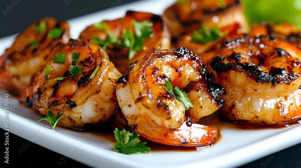 Grilled jumbo shrimp with caramelized glaze and fresh herbs served on white plate, close up view showing juicy texture and char marks from cooking. Grilled jumbo shrimp with caramelized glaze and fresh herbs served on white plate, close up view showing juicy texture and char marks from cooking.