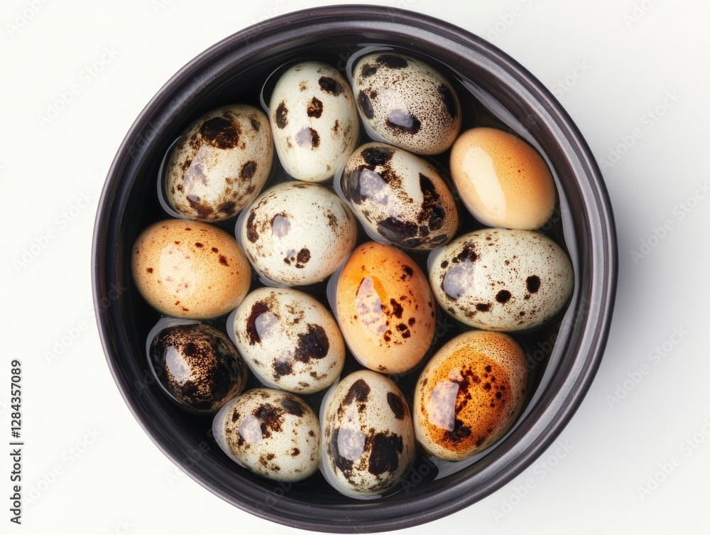 Obraz premium Close-up view of brown and white patterned duck or quail eggs in a bowl. The eggs have unique brown specks on their shells.