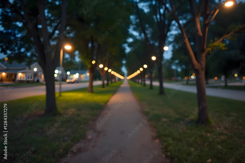 Blurred Path Recedes with Lit Streetlamps at Dusk Blurred Path Recedes with Lit Streetlamps at Dusk