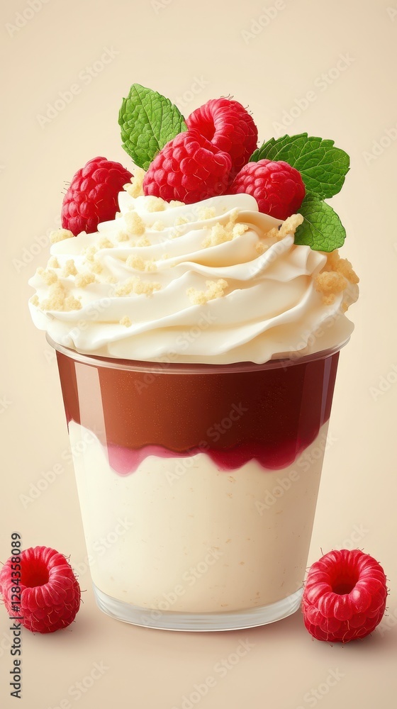 Delightful dessert layered with cream, raspberry, and mint in a clear cup on a light background Delightful dessert layered with cream, raspberry, and mint in a clear cup on a light background