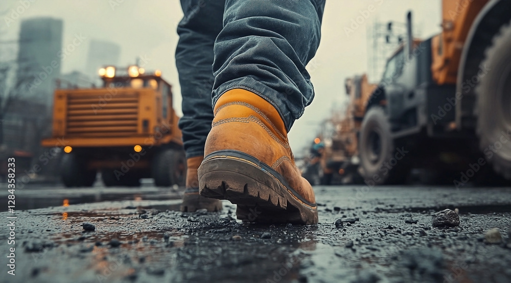 Construction Worker Boots on Wet Asphalt at a Construction Site Construction Worker Boots on Wet Asphalt at a Construction Site
