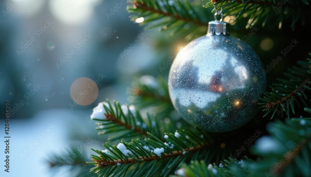 Sparkling silver orb atop a lush evergreen tree, shiny, winter wonderland Sparkling silver orb atop a lush evergreen tree, shiny, winter wonderland