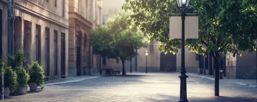 Quiet morning street with trees and benches in a sunlit european cityscape Quiet morning street with trees and benches in a sunlit european cityscape