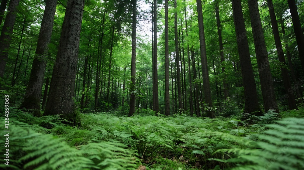 Dense Green Forest with Majestic Trees and Ferns Covering the Ground : Generative AI Dense Green Forest with Majestic Trees and Ferns Covering the Ground : Generative AI
