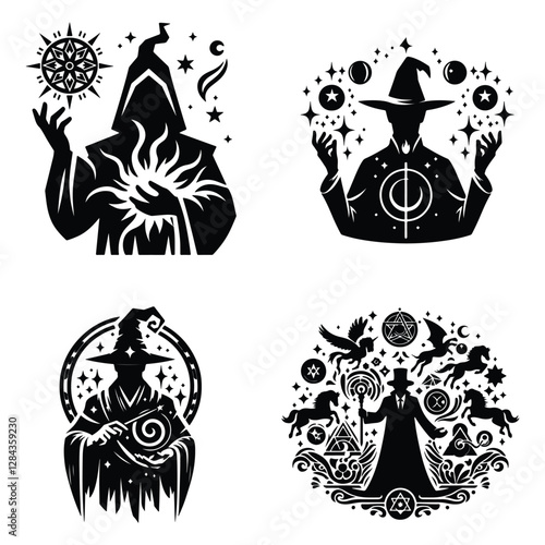 Mystical Magician with Hat and Wand in Dynamic Silhouette Art