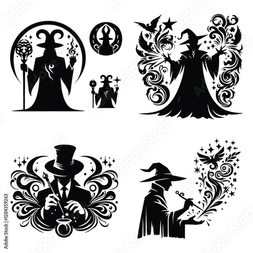 Mystical Magician with Hat and Wand in Dynamic Silhouette Art