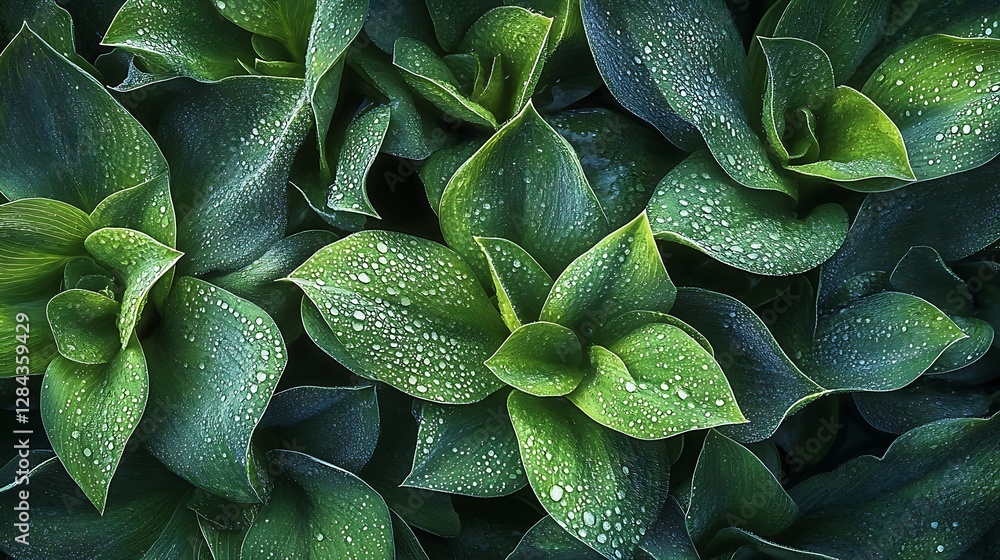 Fototapeta premium A serene close up of green leaves covered in morning dew highlighting the intricate textures and calming tones of nature