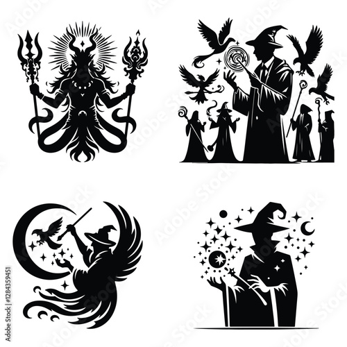 Mystical Magician with Hat and Wand in Dynamic Silhouette Art