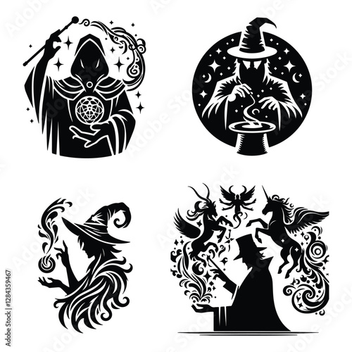 Mystical Magician with Hat and Wand in Dynamic Silhouette Art