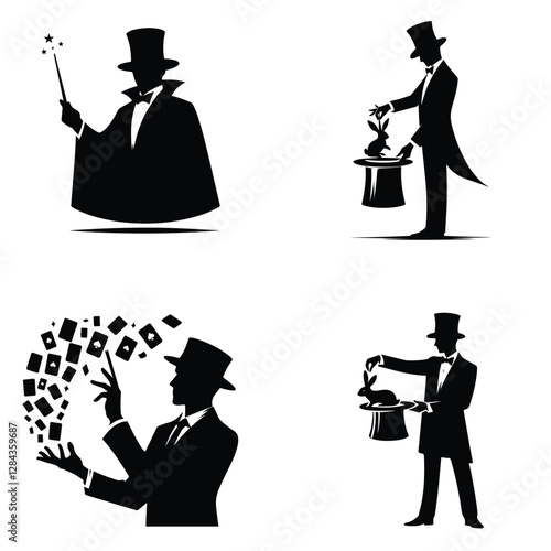 Mystical Magician with Hat and Wand in Dynamic Silhouette Art