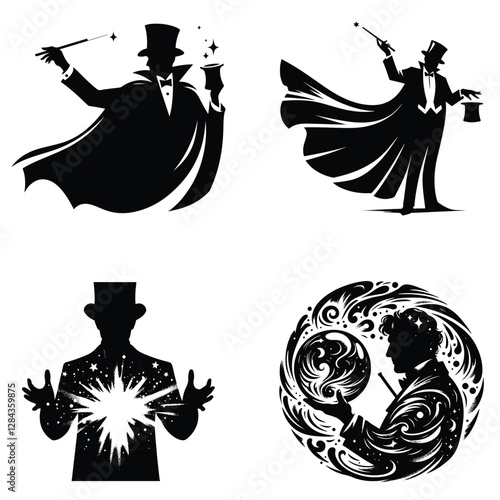 Mystical Magician with Hat and Wand in Dynamic Silhouette Art