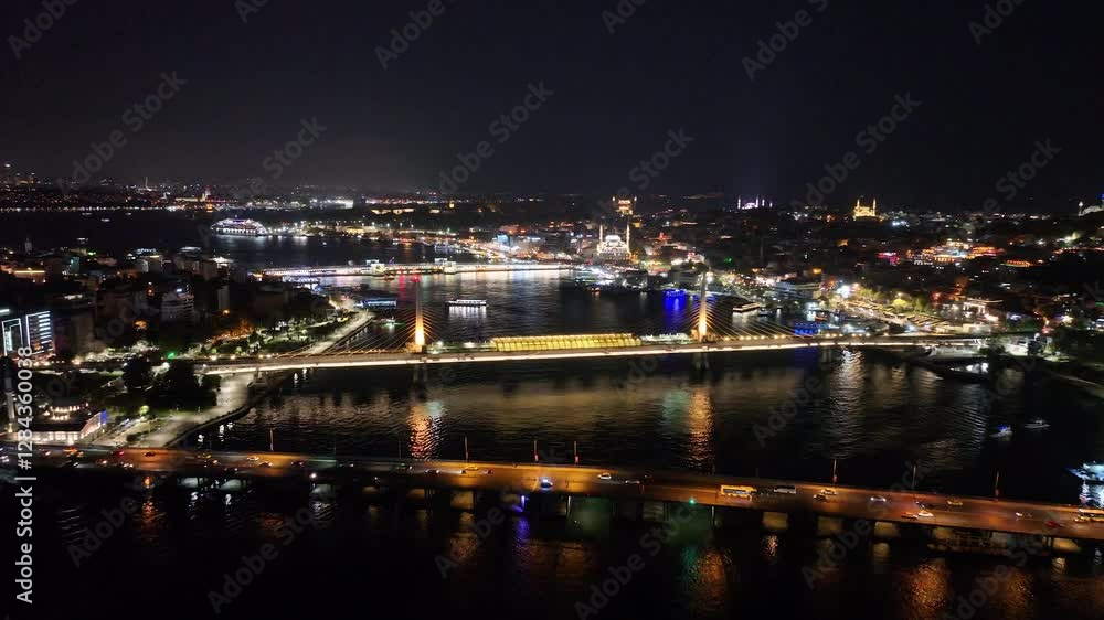 Golden Horn at night in Istanbul with illuminated waterfront, city lights, and calm water reflections, oe01 Golden Horn at night in Istanbul with illuminated waterfront, city lights, and calm water reflections, oe01