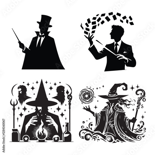 Mystical Magician with Hat and Wand in Dynamic Silhouette Art