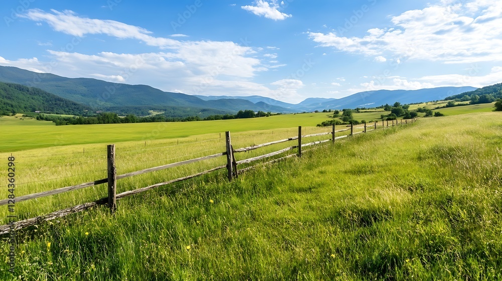 Beautiful rural landscape with a wooden fence under a clear blue sky and lush green fields : Generative AI Beautiful rural landscape with a wooden fence under a clear blue sky and lush green fields : Generative AI