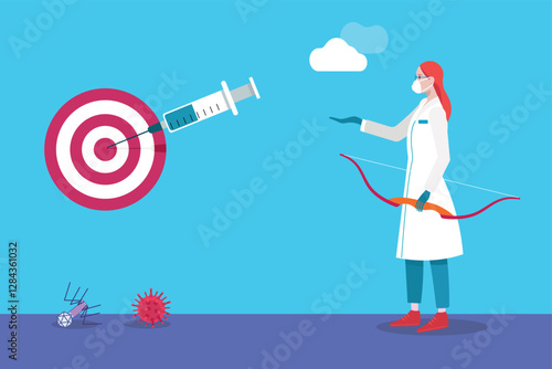Doctor aiming syringe at target to fight virus using bow and arrow