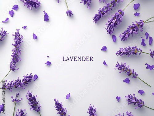 Purple Lavender Bouquets and Petals Scattered on a White Background with the Purple Word 'LAVENDER' in the Middle, Suitable for Lavender - themed or Floral - based Designs.