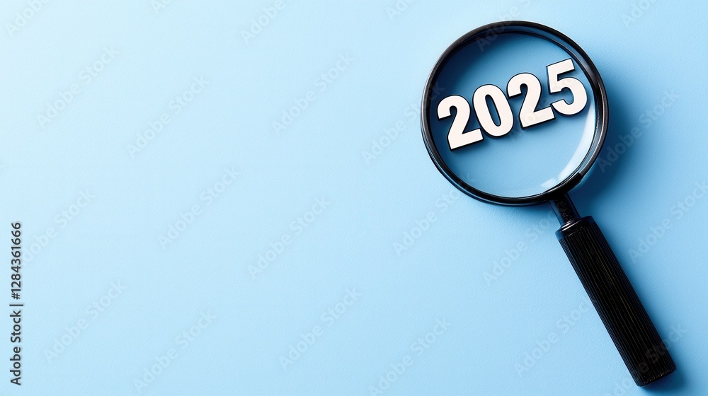 Magnifying glass highlighting the year 2025 against a blue background. Magnifying glass highlighting the year 2025 against a blue background.