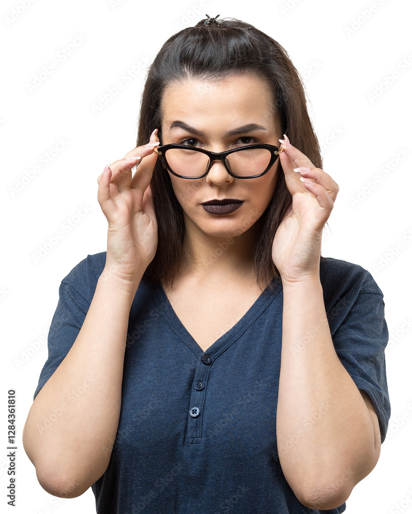 Image of excited young lady with glasses. Looking camera have an idea. Stands on a white background. Image of excited young lady with glasses. Looking camera have an idea. Stands on a white background.