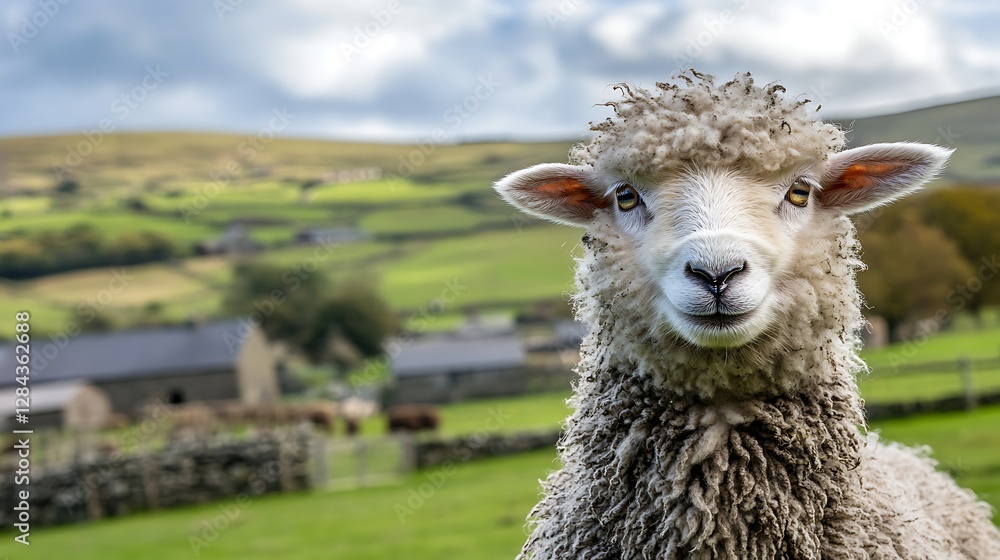 Fototapeta premium Close-up of a friendly sheep with a fluffy coat standing in a vibrant green pasture surrounded by rolling hills and farm buildings under a partly cloudy sky