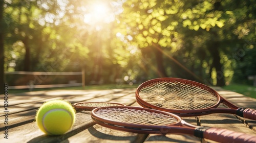 Tennis rackets and ball on wooden picnic table in park, sunny day