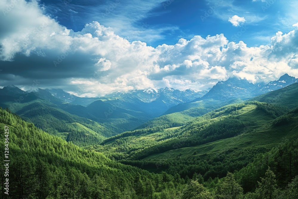 Expansive alpine valley with lush green trees and vibrant meadows, under a clear blue sky. Expansive alpine valley with lush green trees and vibrant meadows, under a clear blue sky.