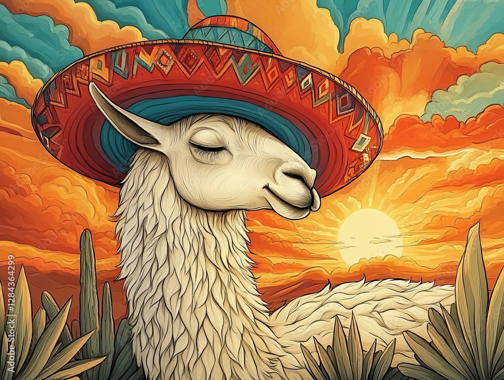 Fototapeta premium Llama or alpaca at sunset