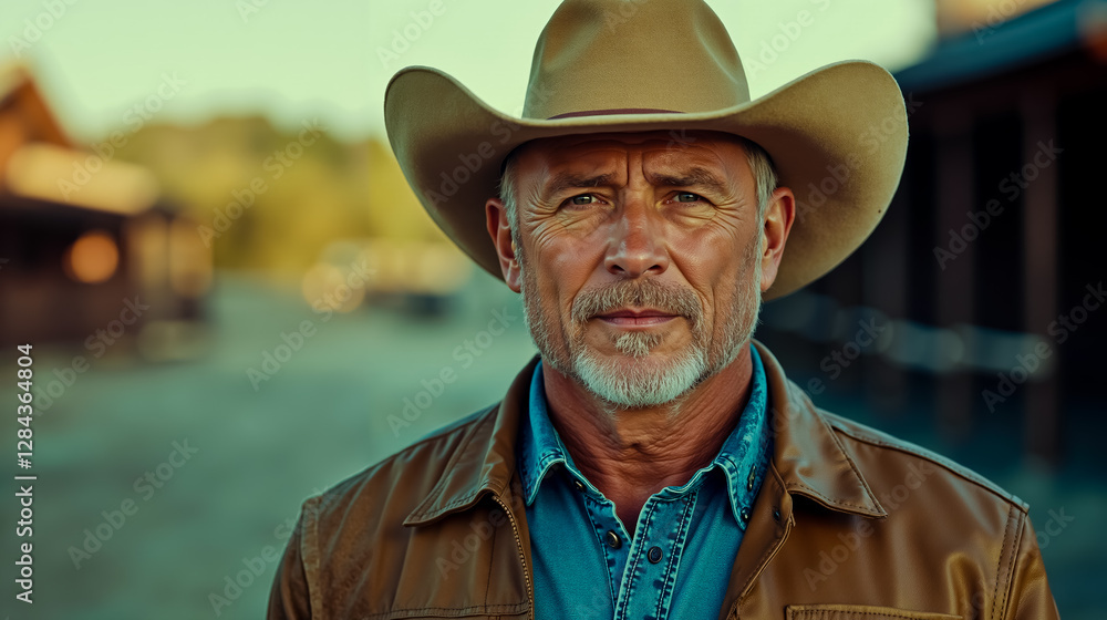 A man wearing a cowboy hat and a brown leather jacket A man wearing a cowboy hat and a brown leather jacket