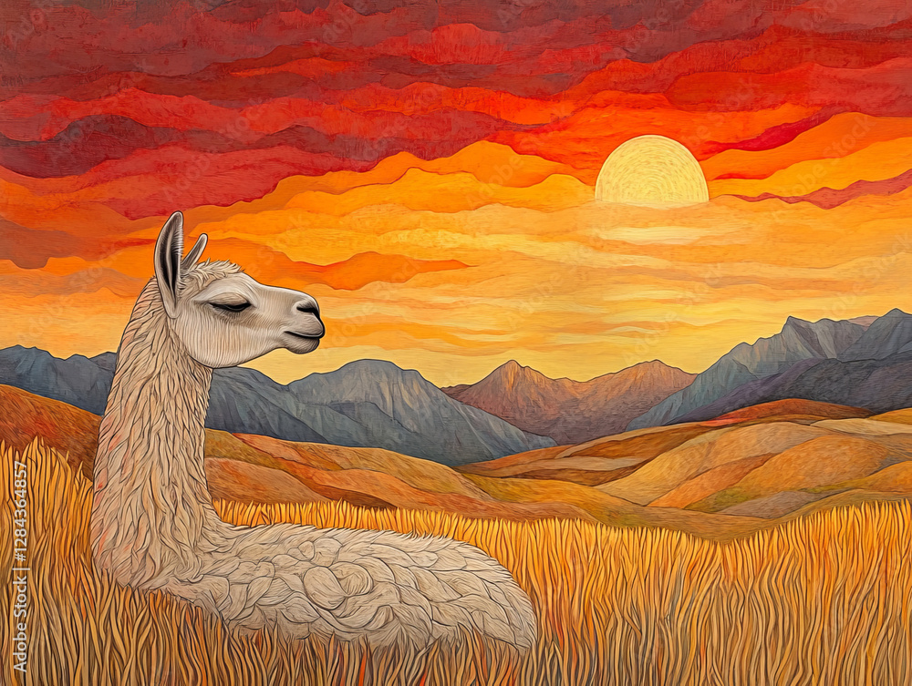 Fototapeta premium Llama or alpaca at sunset