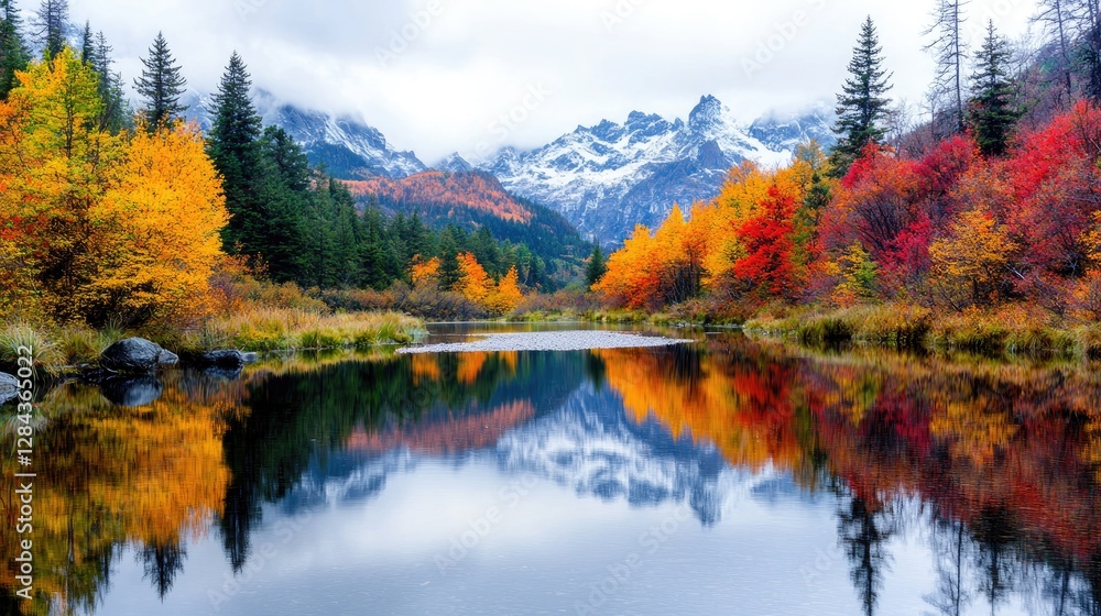Fototapeta premium Autumnal mountain lake reflection, scenic fall landscape, postcard