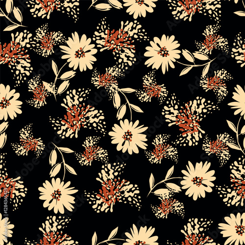 Abstract seamless pattern with hand drawn vintage groovy daisy flowers.