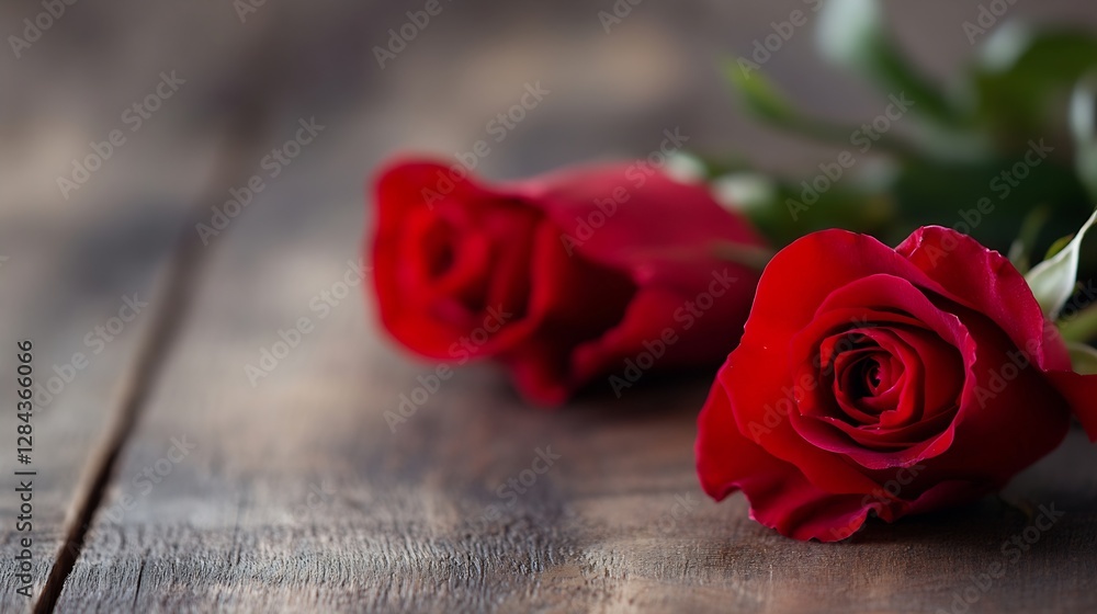 Two beautiful red roses resting on a wooden table representing love and romance : Generative AI Two beautiful red roses resting on a wooden table representing love and romance : Generative AI