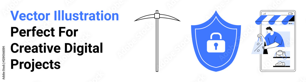 Pickaxe, lock shield, and e-commerce interface emphasize security, data protection, and online tools. Ideal for technology, business, security, mining e-commerce software marketing flat landing