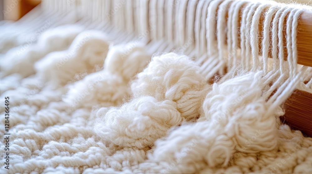 A close-up view of soft white yarn on a woven textile loom bathed in warm light A close-up view of soft white yarn on a woven textile loom bathed in warm light