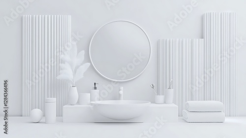 Wallpaper Mural Minimalist White Bathroom 3D Render: Modern Clean Design AI Generated Torontodigital.ca