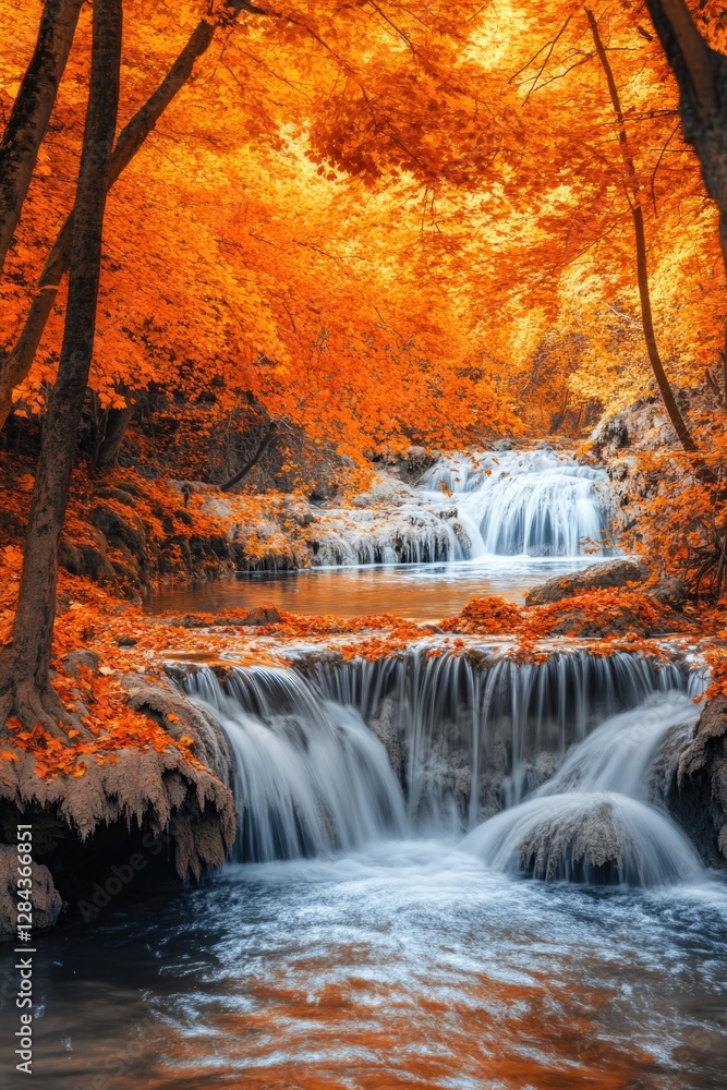 Fototapeta premium River flowing through autumn foliage with waterfall in background.