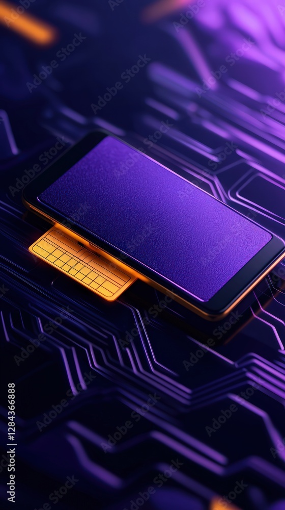 Smartphone with Purple Display and Circuit Background Representing Modern Technology Smartphone with Purple Display and Circuit Background Representing Modern Technology