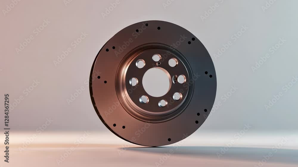Close-up view of a metallic brake disc showcasing intricate design and smooth surface against gradient backdrop Close-up view of a metallic brake disc showcasing intricate design and smooth surface against gradient backdrop