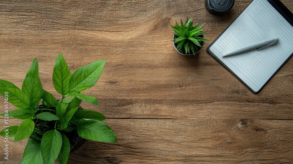 A serene workspace featuring lush greenery, a notepad, and a pen on a wooden surface, ideal for inspiration and productivity. A serene workspace featuring lush greenery, a notepad, and a pen on a wooden surface, ideal for inspiration and productivity.
