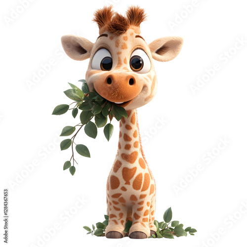 Fluffy 3D Cartoon Giraffe with Fuzzy Mane Eating Leaf Isolated on Transparent Background