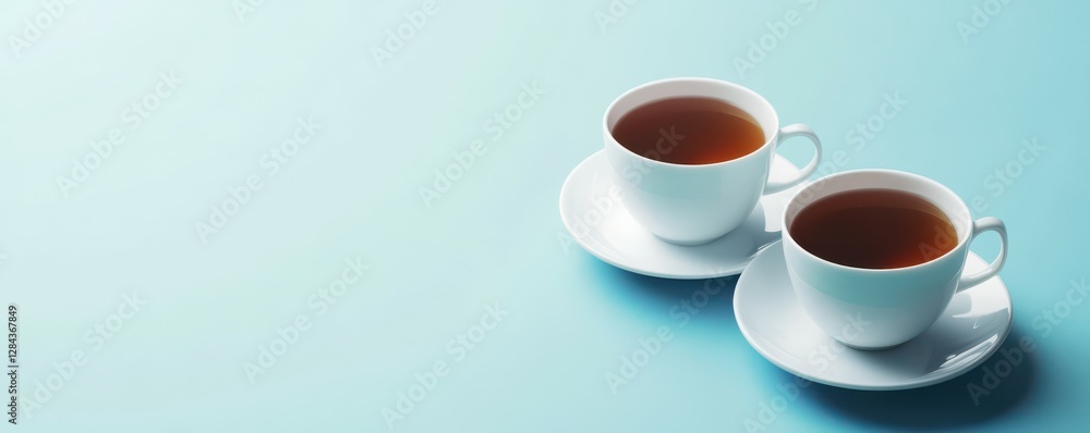Two white cups of tea on light blue background Two white cups of tea on light blue background