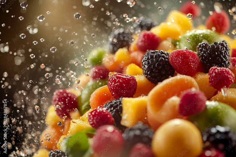 Explosion of colors: bright fruits in motion with flying drops Explosion of colors: bright fruits in motion with flying drops