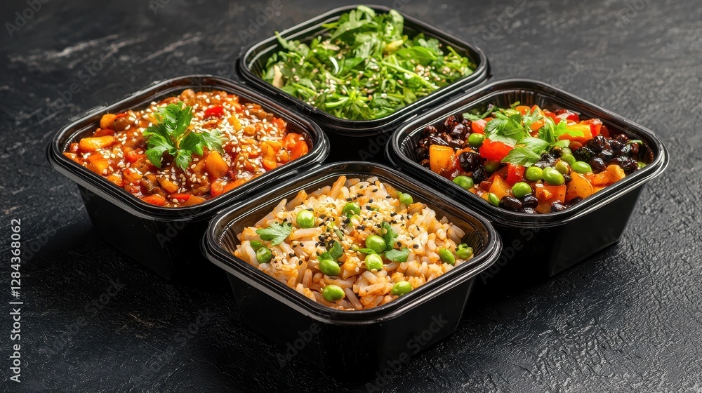 Fototapeta premium A vibrant assortment of four containers filled with colorful, fresh dishes featuring rice, beans, and greens, perfect for a healthy meal.