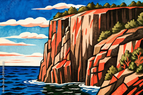 rocky cliff and sea landscape cartoon illustration