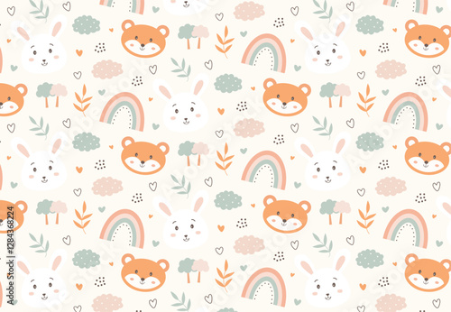 A seamless vector pattern designed specifically for baby clothes, featuring a soft, minimal, and playful aesthetic. The pattern is created in a flat, modern style with bunnies and foxes. 