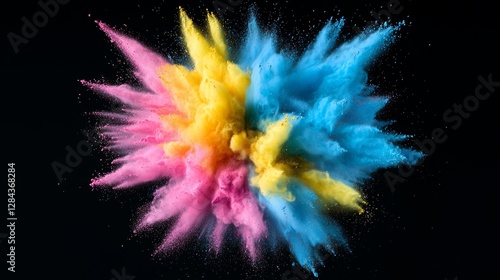 Colorful explosion of powder on black background photo