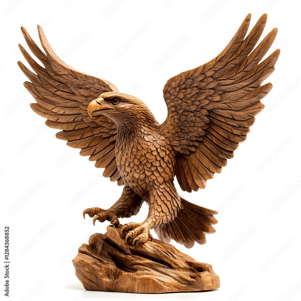 Obraz premium Highly Detailed Wooden Figurine of a Majestic Eagle with Outstretched Wings Captured in Natural Colors