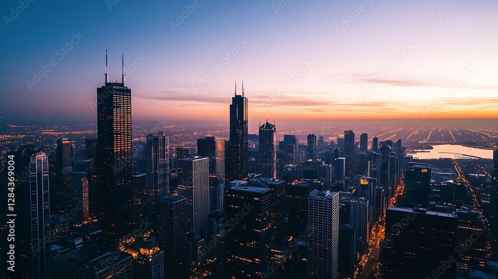 Fototapeta premium Dramatic Aerial View of Chicago Skyline at Sunset Displaying Urban Architecture and Colors : Generative AI