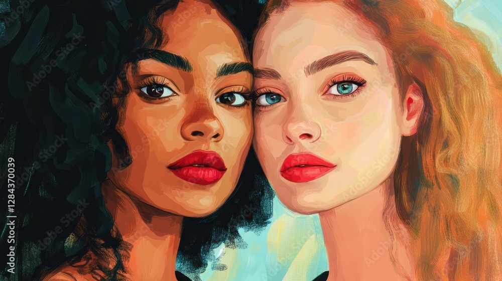 Portrait of two young women with diverse features and vibrant expressions Portrait of two young women with diverse features and vibrant expressions