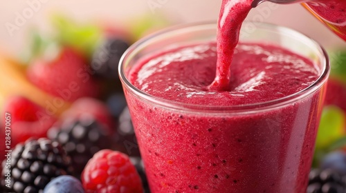 A vibrant berry smoothie is being poured into a glass, surrounded by fresh fruits like raspberries and blackberries.